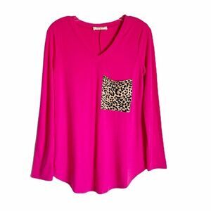 🟢Zenana Pink V-Neck Long Sleeve Leopard Pocket S